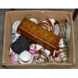 BOX WITH VARIOUS TEA WARE, SWAROVSKI STYLE ORNAMENTS, ROYAL DOULTON FIGURINES, DECORATIVE GLOVE BOX,