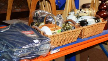 ASSORTED WORK OVERALLS & 2 BASKETS WITH QUANTITY TEA WARE, HORSE ORNAMENT ETC