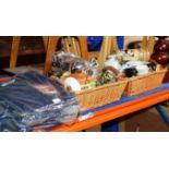 ASSORTED WORK OVERALLS & 2 BASKETS WITH QUANTITY TEA WARE, HORSE ORNAMENT ETC