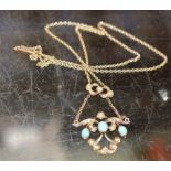 ART NOUVEAU YELLOW METAL TURQUOISE & SEED PEARL SET PENDANT ON 9 CARAT GOLD CHAIN - APPROXIMATE