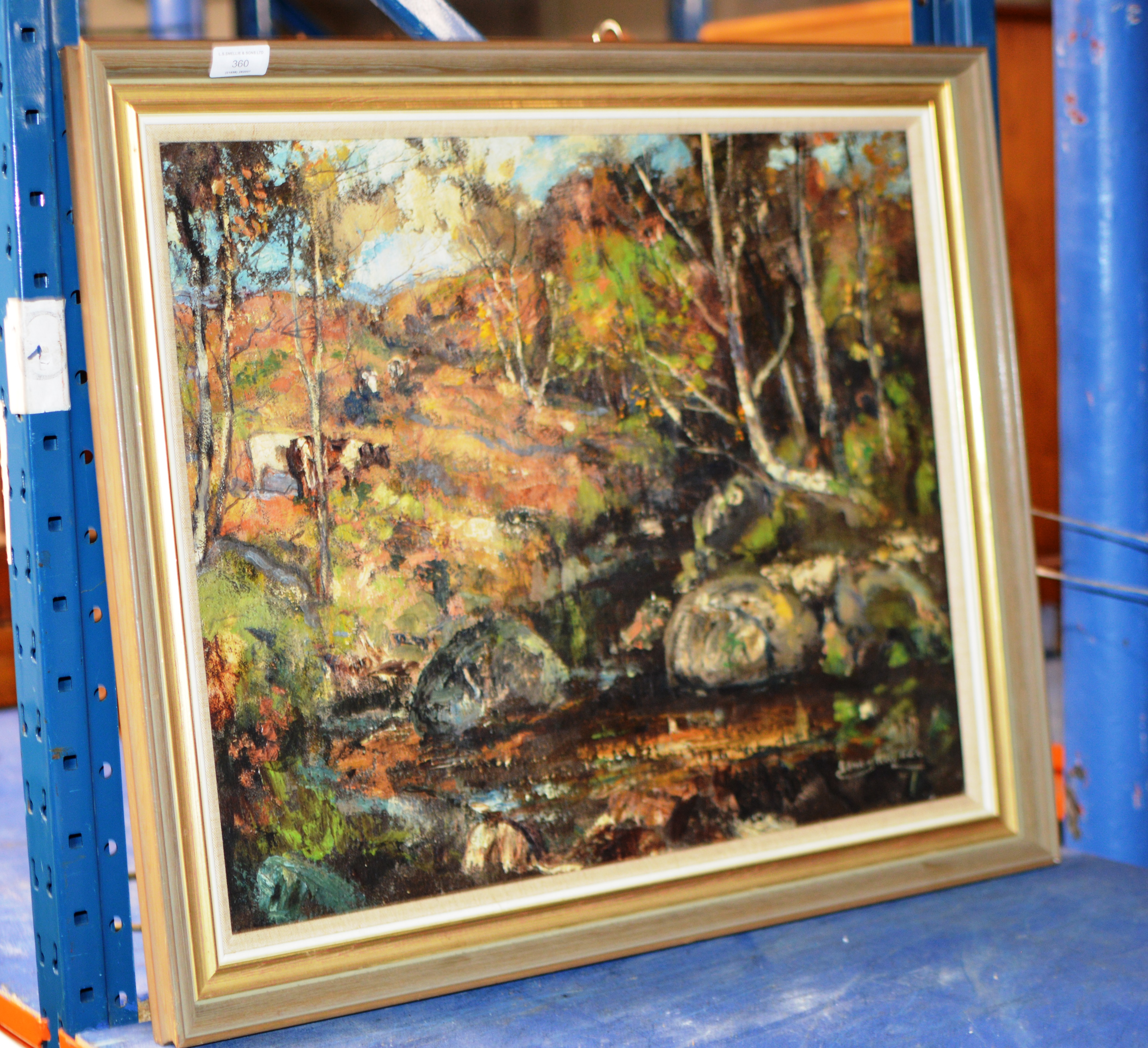 19½" X 23½" GILT FRAMED OIL ON BOARD - LANDSCAPE SCENE, SIGNED KAY