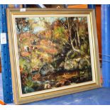 19½" X 23½" GILT FRAMED OIL ON BOARD - LANDSCAPE SCENE, SIGNED KAY