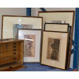 4 VARIOUS FRAMED ETCHINGS, FRAMED WATERCOLOUR & 1 OTHER PICTURE