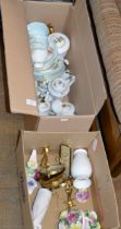 2 BOXES WITH QUANTITY VARIOUS TEA WARE, FLORAL POSY ORNAMENTS, FIGURINE ORNAMENT ETC
