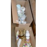 2 BOXES WITH QUANTITY VARIOUS TEA WARE, FLORAL POSY ORNAMENTS, FIGURINE ORNAMENT ETC