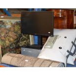 MODERN RUG, 2 PILLOWS, LG MONITOR, PRINTER ETC