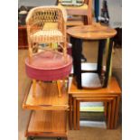 GILT FRAMED WALL MIRROR, NEST OF 3 TEAK TABLES, RETRO PADDED STOOL, TROLLEY UNIT, MINIATURE