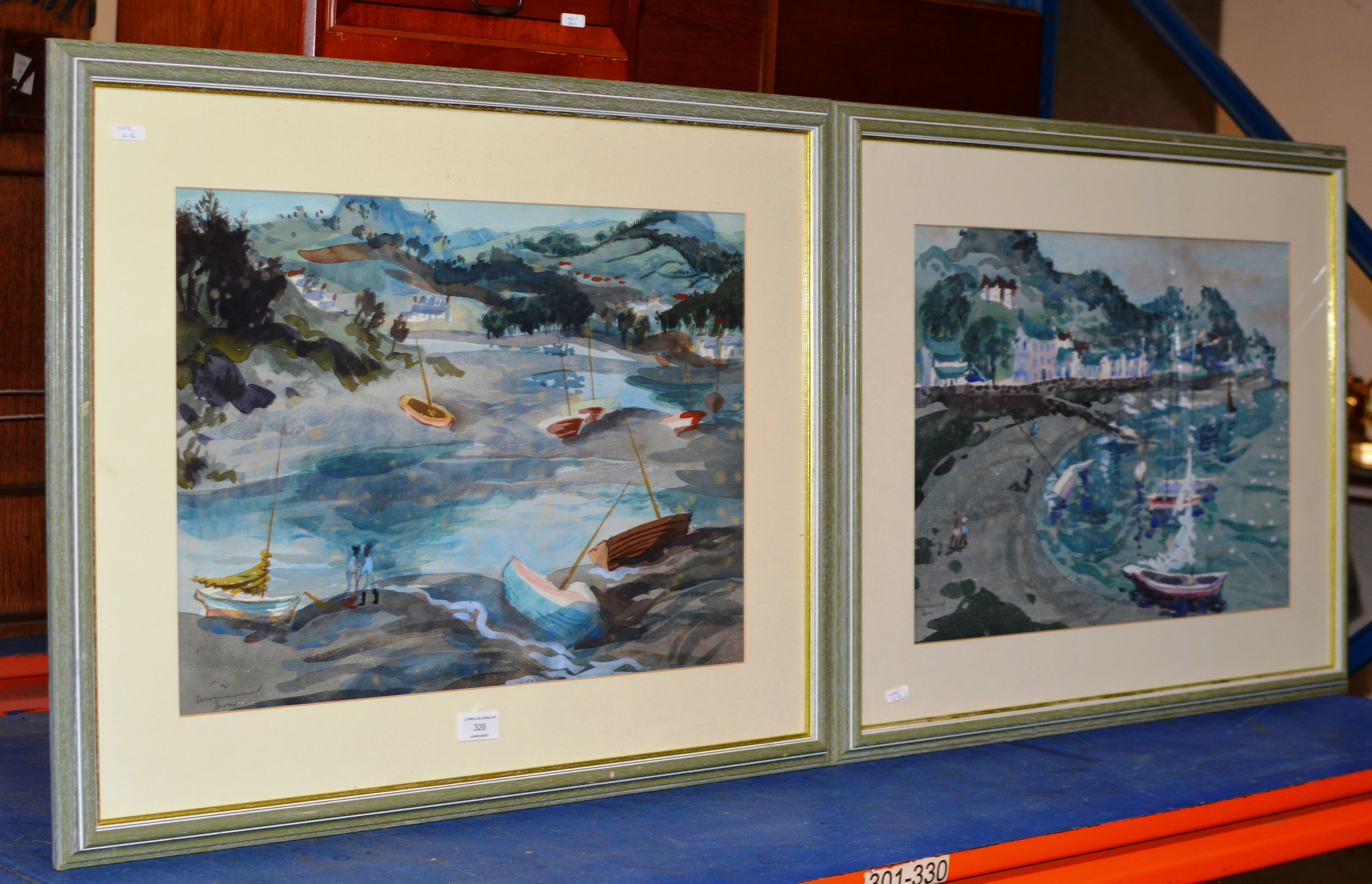 PAIR OF 14½" X 21" FRAMED WATERCOLOURS - HARBOUR SCENES, BY W. DRUMMOND BONE