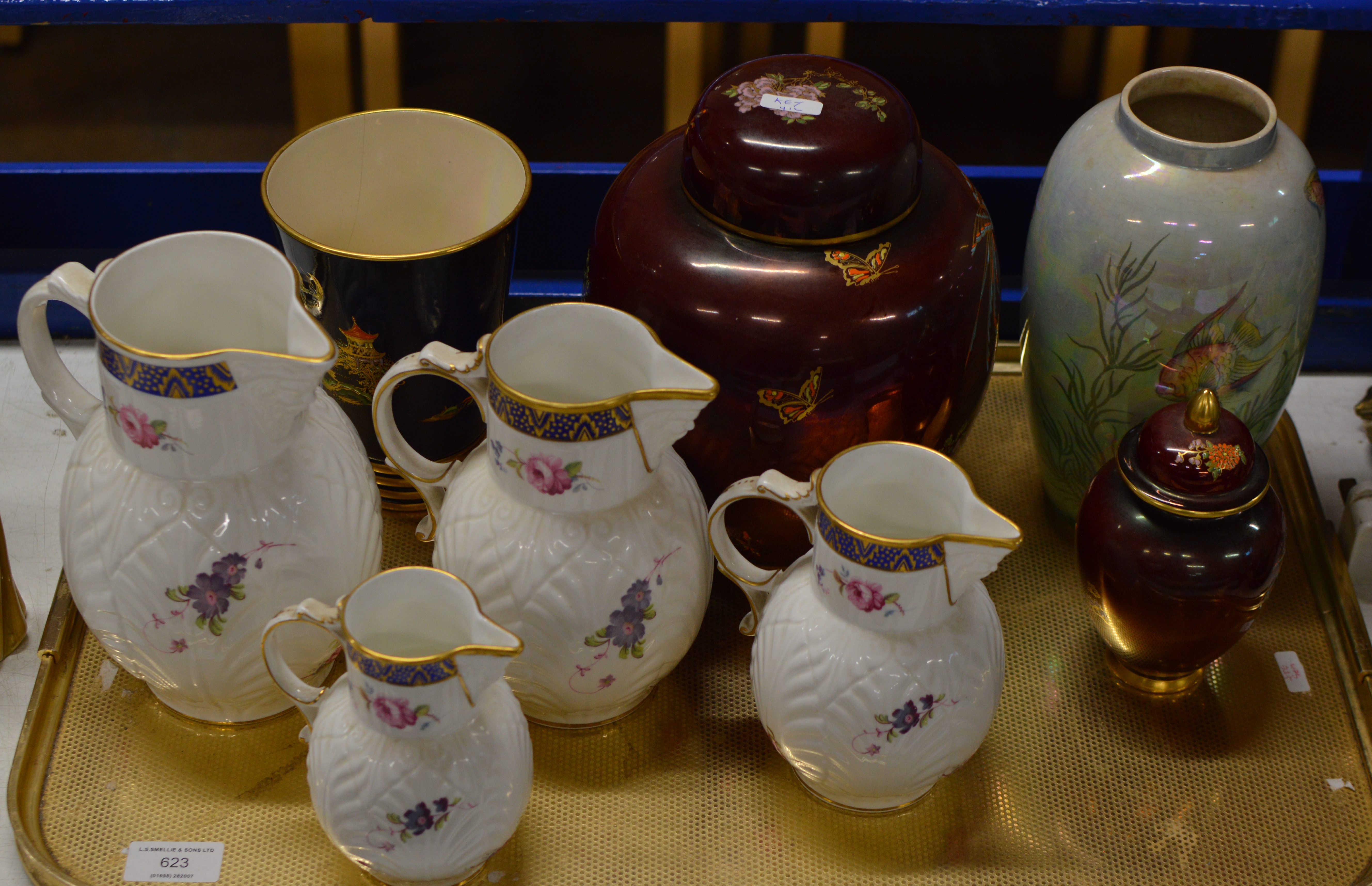 TRAY WITH GENERAL CERAMIC, CARLTON WARE PORCELAIN, ROYAL WINTON LUSTRE VASE, GRADUATED COALPORT JUGS