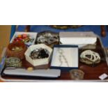 TRAY WITH SILVER NAPKIN RING & ASSORTED COSTUME JEWELLERY