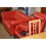 MODERN RED LEATHER 2 SEATER SETTEE WITH MATCHED EASY CHAIR & FOOT STOOL
