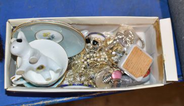 BOX WITH ASSORTED COSTUME JEWELLERY, ROYAL WORCESTER TEA WARE ETC