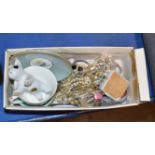 BOX WITH ASSORTED COSTUME JEWELLERY, ROYAL WORCESTER TEA WARE ETC