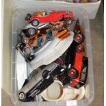 BOX CONTAINING VARIOUS MODEL VEHICLES, PUB JUG, DECORATIVE DISHES ETC