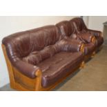 3 PIECE WOODEN FRAMED WINE LEATHER LOUNGE SUITE