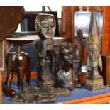 VARIOUS WOODEN WARE, PAIR OF ELEPHANT PLANT STANDS, VARIOUS TRIBAL STYLE MASKS ETC