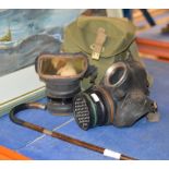 SILVER MOUNTED CANE & 2 OLD GAS MASKS