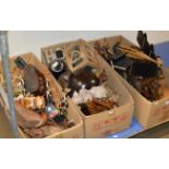 3 LARGE BOXES WITH VARIOUS WOODEN WARE, ANIMAL ORNAMENTS, WALL MASKS, DECORATIVE ITEMS ETC