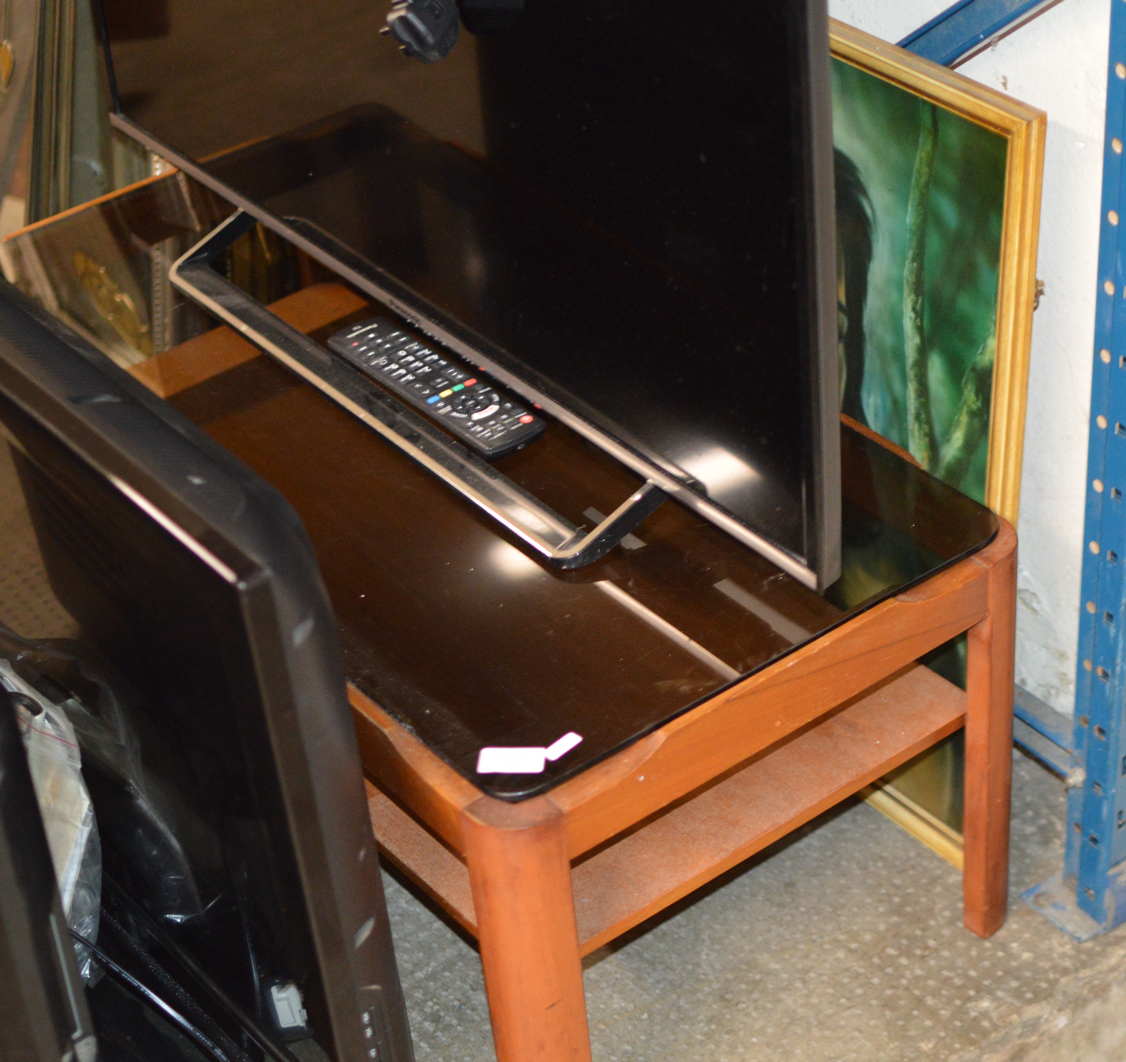 TEAK GLASS TOP COFFEE TABLE & FRAMED PRINT