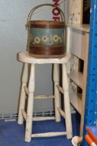 PAINTED WOODEN STOOL & DECORATIVE WOODEN PALE