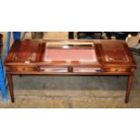 MAHOGANY LEATHER TOP COFFEE TABLE WITH GLAZED DISPLAY DRAWER