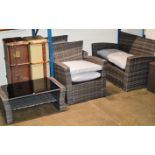 4 PIECE MODERN RATTAN PATIO SET COMPRISING 2 SEATER SETTEE, 2 SINGLE CHAIRS & COFFEE TABLE