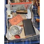 BOX WITH VARIOUS MILITARY MEMORABILIA, RATION BOOK, WW2 MEDAL ETC