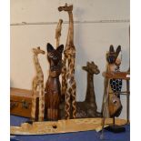 A COLLECTION OF VARIOUS WOODEN ORNAMENTS, WALL MASK, VARIOUS ANIMAL DISPLAYS ETC