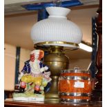 PARAFFIN LAMP WITH SHADE & FUNNEL, STAFFORDSHIRE STYLE FIGURINE ORNAMENT & OAK & E.P.N.S. BISCUIT