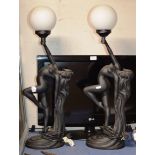 PAIR OF DECORATIVE FIGURINE TABLE LAMPS WITH GLOBULAR GLASS SHADES