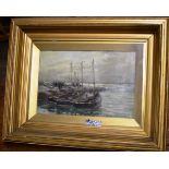 7½" X 11½" GILT FRAMED OIL PAINTING - BOATS AT THE HARBOUR WITH VARIOUS FIGURES, BY ANDREW BLACK R.