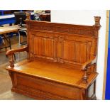 VICTORIAN GOLDEN OAK MONKS BENCH WITH LION MOUNTS - APPROXIMATE DIMENSIONS = 51" X 54" X 21" (HxWxD)