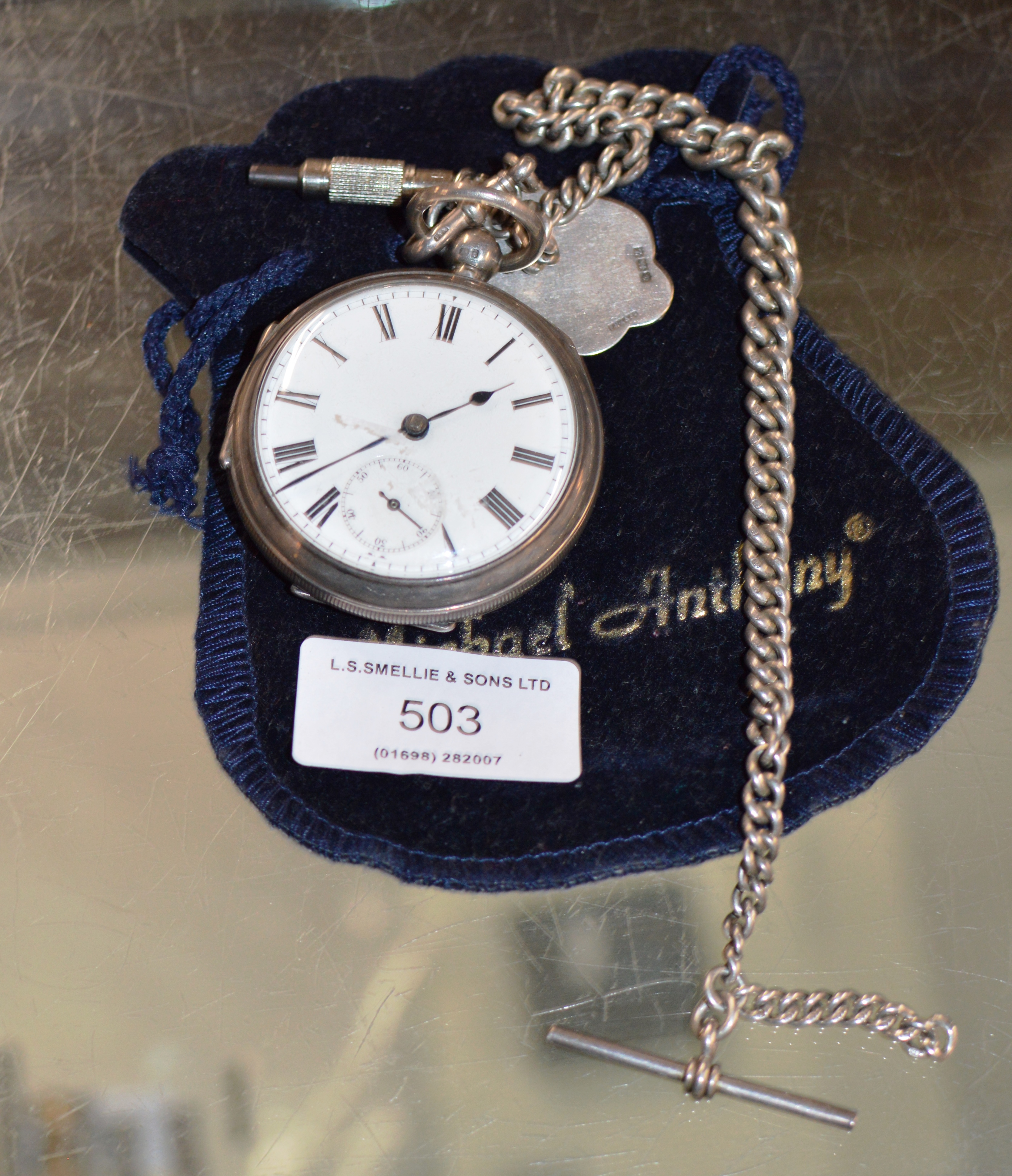 SILVER CASED OPEN FACE POCKET WATCH WITH SILVER FOB, SILVER WATCH CHAIN & T-BAR