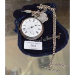 SILVER CASED OPEN FACE POCKET WATCH WITH SILVER FOB, SILVER WATCH CHAIN & T-BAR