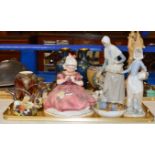 TRAY WITH VARIOUS FIGURINE ORNAMENTS, CROWN DEVON VASE, PAIR OF DECORATIVE JUGS ETC