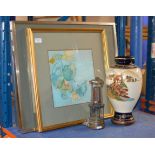 3 FRAMED PICTURES, JAPANESE SATSUMA STYLE VASE WITH WOODEN STAND & OLD MINERS LAMP