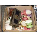 BOX WITH SET OF GRAPEFRUIT DISHES, VARIOUS ANIMAL ORNAMENTS, OLD TIN ETC