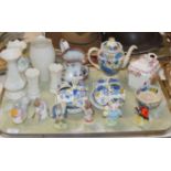 TRAY WITH MIXED CERAMICS, MASON'S COFFEE WARE, ROYAL ALBERT ANIMAL ORNAMENTS, BELLEEK PORCELAIN ETC