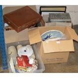 4 BOXES WITH MIXED CERAMICS, BOXED PAIR OF LADIES SHOES, FRAMED PICTURES, VARIOUS DISHES & GENERAL