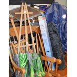 VARIOUS ART ACCESSORIES, EASELS ETC, MODERN CROQUET SET IN BAG, CLOTHING ETC