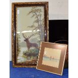 SMALL FRAMED WATERCOLOUR - SAILBOATS AT SEA & FRAMED STAG PICTURE