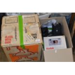 PARAFFIN LAMP IN BOX & BOX WITH VARIOUS CAMERAS & ACCESSORIES