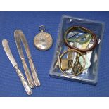 BOX WITH SILVER OPEN FACE POCKET WATCH, SILVER HANDLED TEA KNIVES, OLD BANGLES, WRIST WATCH ETC