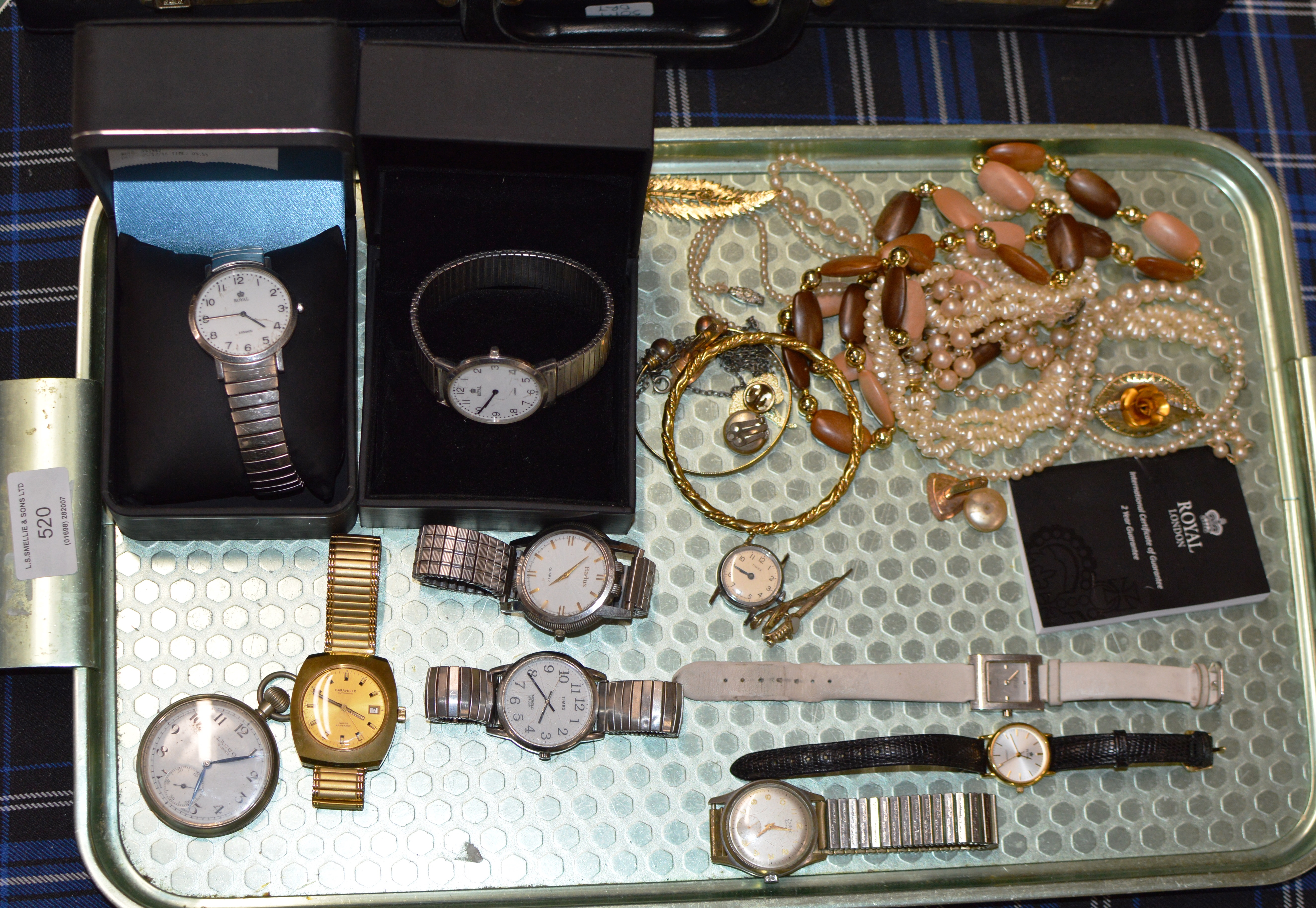 TRAY WITH VARIOUS WRIST WATCHES, LANCO POCKET WATCH, ASSORTED COSTUME JEWELLERY ETC