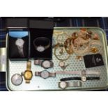 TRAY WITH VARIOUS WRIST WATCHES, LANCO POCKET WATCH, ASSORTED COSTUME JEWELLERY ETC
