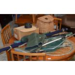 VARIOUS FISHING ACCESSORIES, RODS, HARDY REEL SPOOL, LANDING NETS, FLY TYING ACCESSORIES ETC