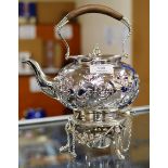 FINE 10¼" VICTORIAN STERLING SILVER TEA KETTLE WITH STERLING SILVER BURNER, WITH ORNATE FLORAL