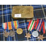 WORLD WAR 1 CHRISTMAS TIN WITH SET OF 3 WORLD WAR 1 MEDALS AWARDED TO 117248 PNR. G. GUILE R.E &
