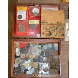 WOODEN BOX WITH VARIOUS COINAGE, 18TH CENTURY COINS, 19TH CENTURY COINS, VARIOUS TOKENS, CANADIAN