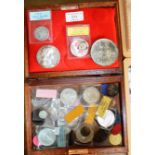 BOX WITH VARIOUS OLD COINS, OLD FRENCH SILVER COMMEMORATIVE SILVER MEDAL, USA SILVER DOLLAR,